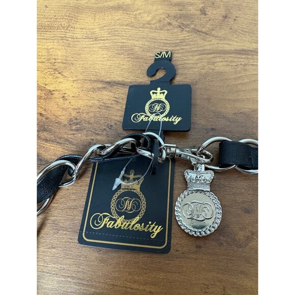 Y2K NEW Fabulosity Black Silver Chain Link Belt Faux Leather Crown S/M Goth - Picture 2 of 6